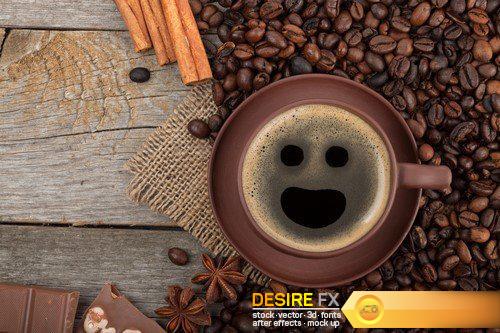 Coffee cup with spices and chocolate on wooden table texture 13X JPEG