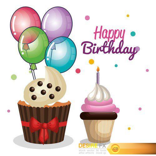 Happy birthday party invitation with sweet cupcake 16X EPS