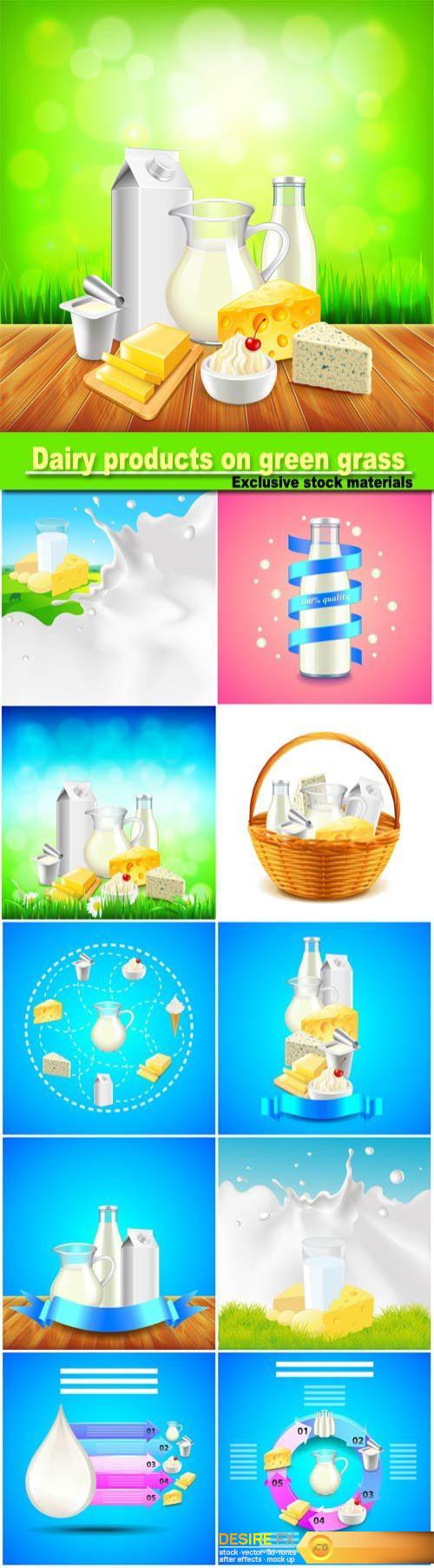Dairy products on green grass, blue sky background vector
