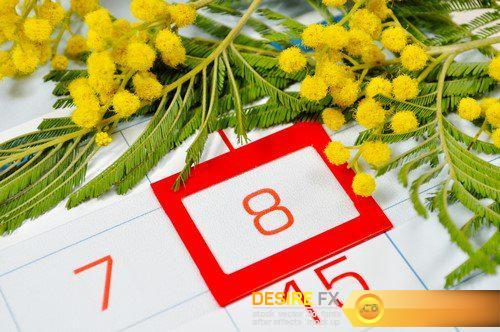 8 March card - mimosa flowers over the calendar  8X JPEG