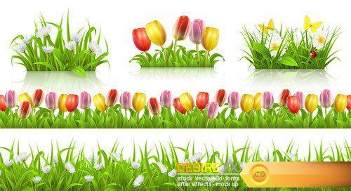 Flowers and grass set of vector elements Nature and ecology 12X EPS