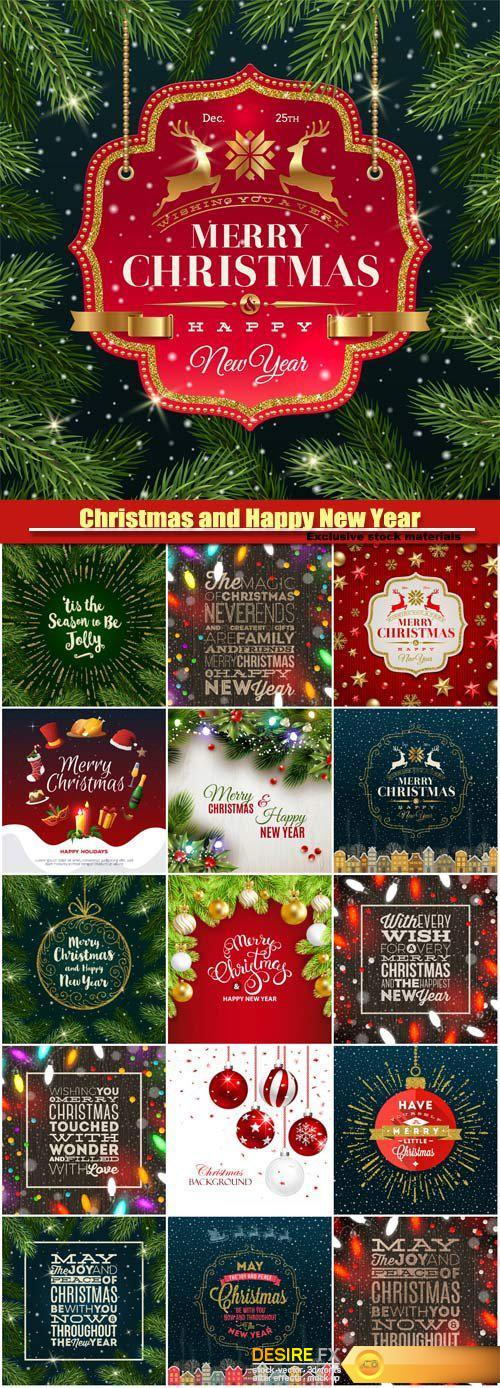 Christmas and Happy New Year, colorful lights vector illustration