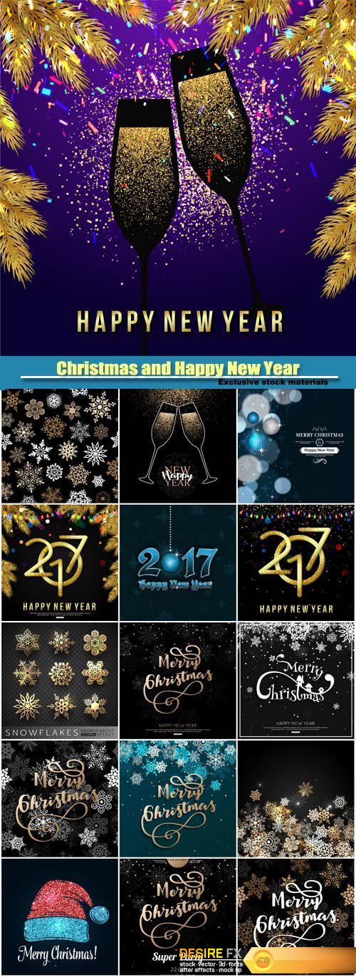 Merry Christmas and Happy New Year vector greeting card, background with gold snowflakes and champagne