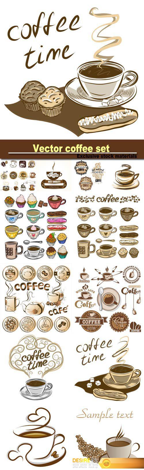Hand drawn vector coffee set, coffee cups and cakes