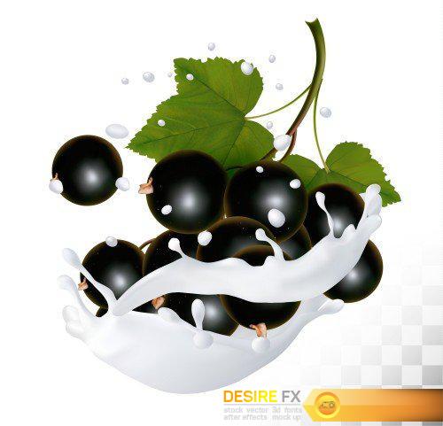 Vector fruits and berries in the splash of milk, raspberry and blueberry, blackberry