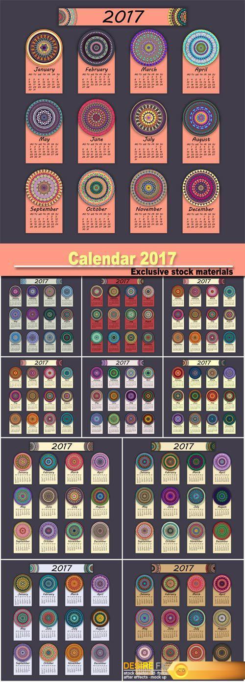 Calendar 2017, vintage decorative colorful elements, ornamental floral oriental pattern