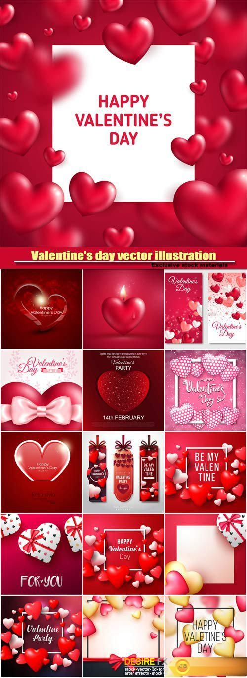 Valentine's day vector illustration, glossy red hearts with square frame
