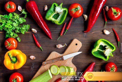Ingredients for vegetable ragout on wooden background top view 9X JPEG