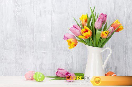 Easter eggs and colorful tulips bouquet 35X JPEG