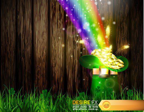 St. Patrick Day symbol green pot full of gold coins and rainbow 14X EPS