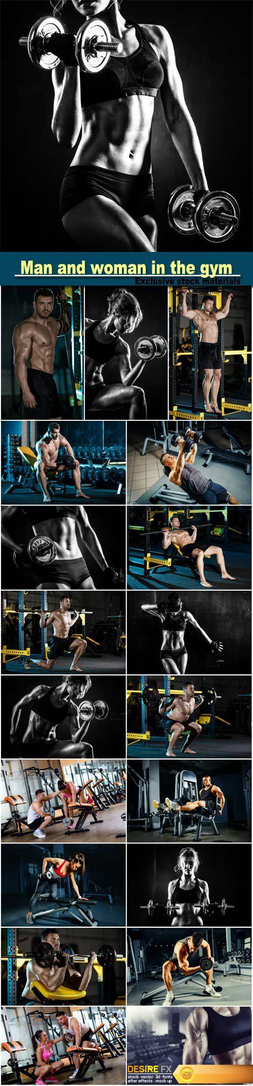Strong young man doing legs exercise in the gym, woman workout with dumbbells