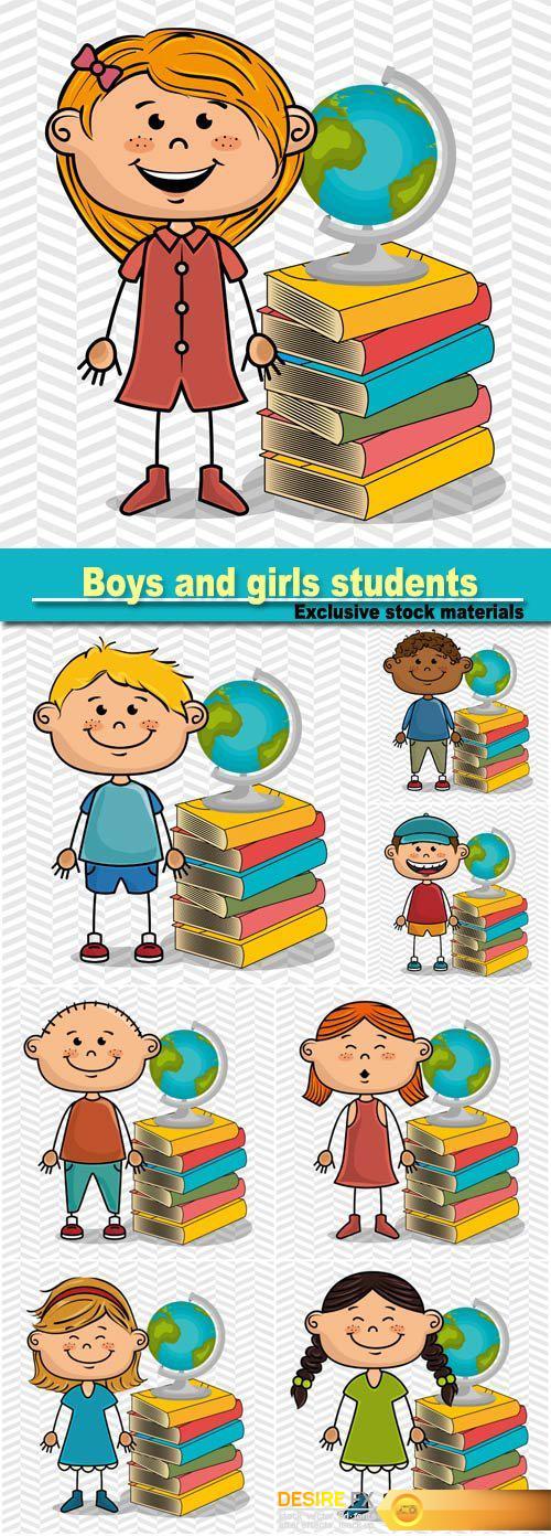 Boys and girls students with books and globe, vector illustration
