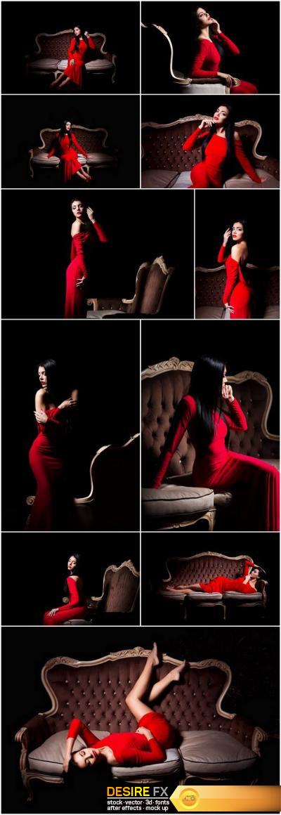 Elegant woman in red dress in darkness - Female in dramatic light, Set of 13xUHQ JPEG Professional Stock Images