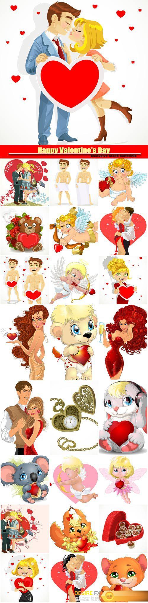Happy Valentine's Day vector, couples, funny animals with hearts, cupids