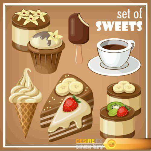 Vector set of sweets and cakes, ice cream and cupcakes