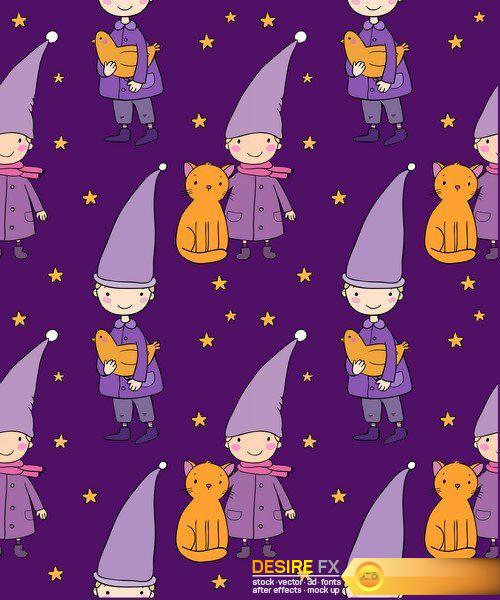 Seamless pattern with cute gnome and cat Vector illustration 12X EPS