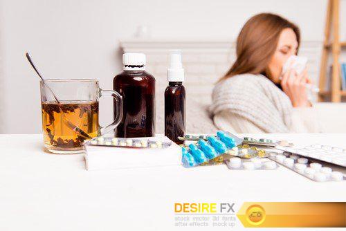 Sick woman, cup of tea, pills and mixture  10X JPEG