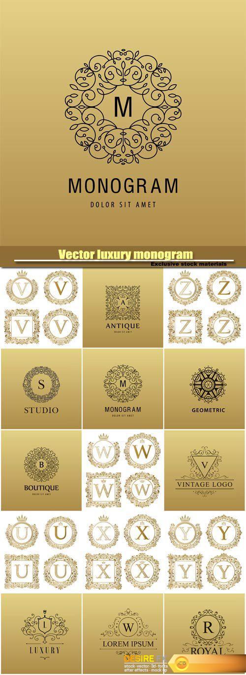 Vector luxury monogram, logo company icon, decorative frame, golden letter