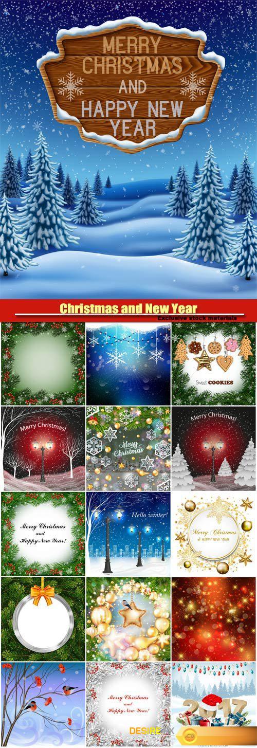 Christmas and New Year vector background, golden baubles, bullfinches sitting on branch of