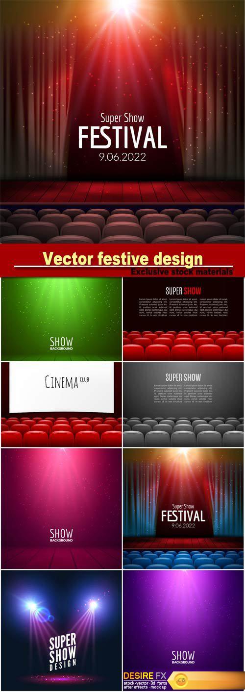 Vector festive design with lights and wooden scene and seats, poster for concert, party