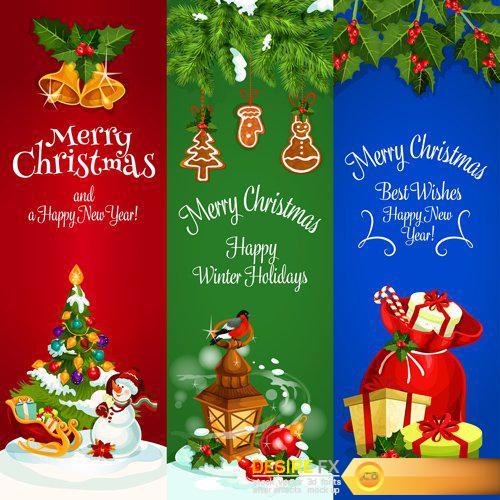 Merry Christmas and Happy New Year vector background, holly garlands, cock rooster