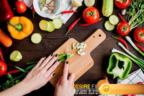 Ingredients for vegetable ragout on wooden background top view 9X JPEG