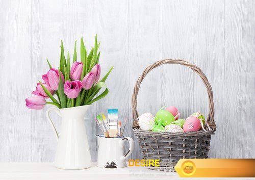 Easter eggs and colorful tulips bouquet 35X JPEG