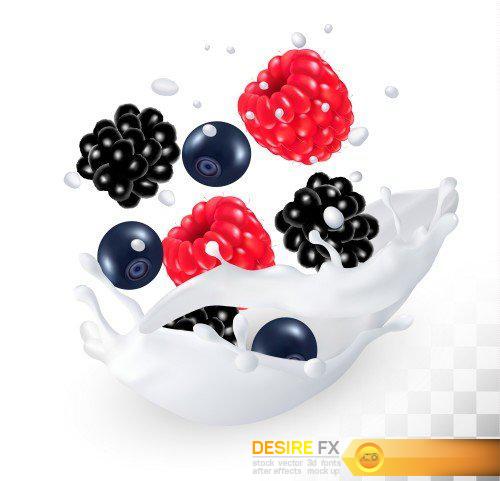 Vector fruits and berries in the splash of milk, raspberry and blueberry, blackberry