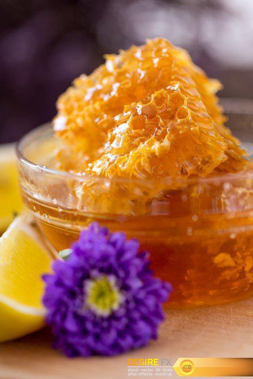 Natural sweet honeycombs with pollen and honey on table 8X JPEG