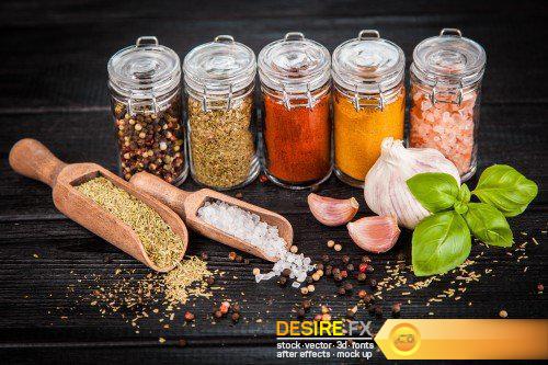 Set of spices on a wooden background