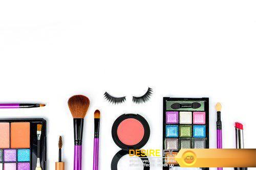 Makeup bag with cosmetics and brushes isolated on white 11X JPEG