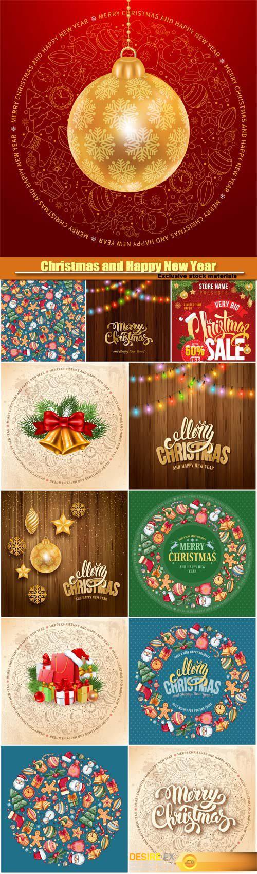 Christmas and Happy New Year vector greeting card