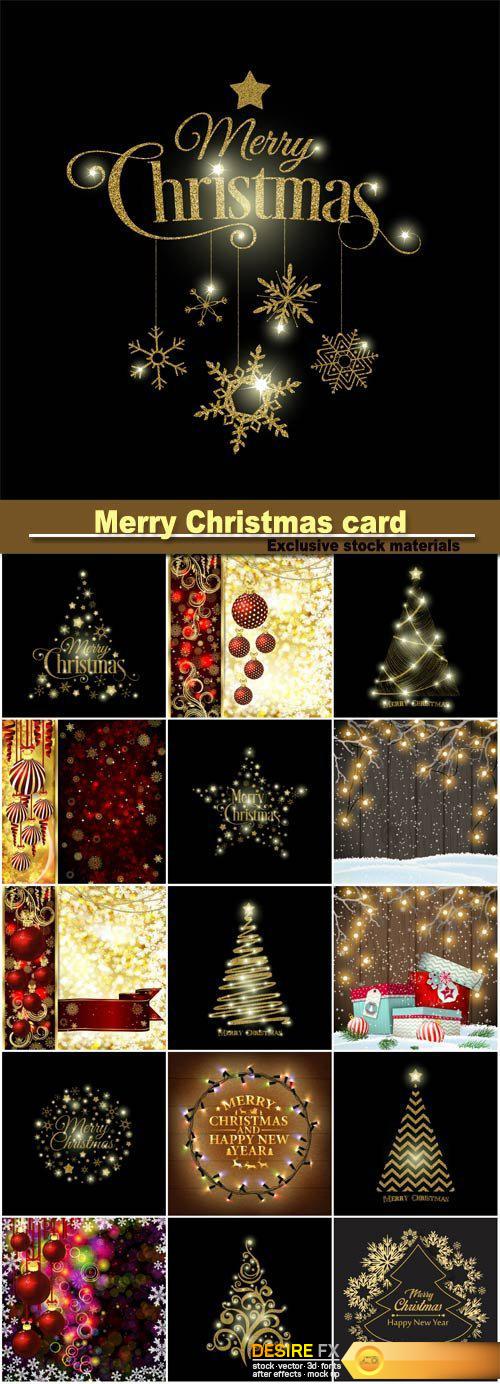 Merry Christmas card, golden Christmas ball, Christmas tree and snowflakes
