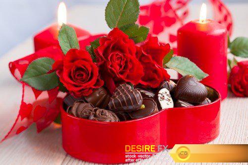 Valentines Day chocolate truffles with red flowers 35X JPEG