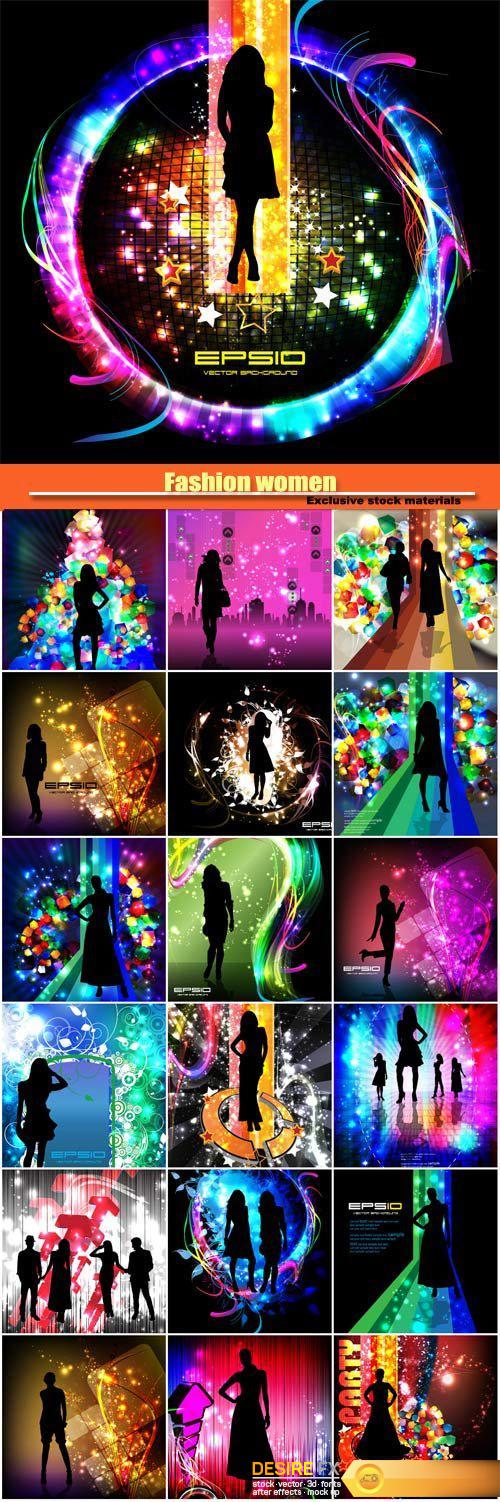 Fashion women, vector backgrounds with different color glowing effects