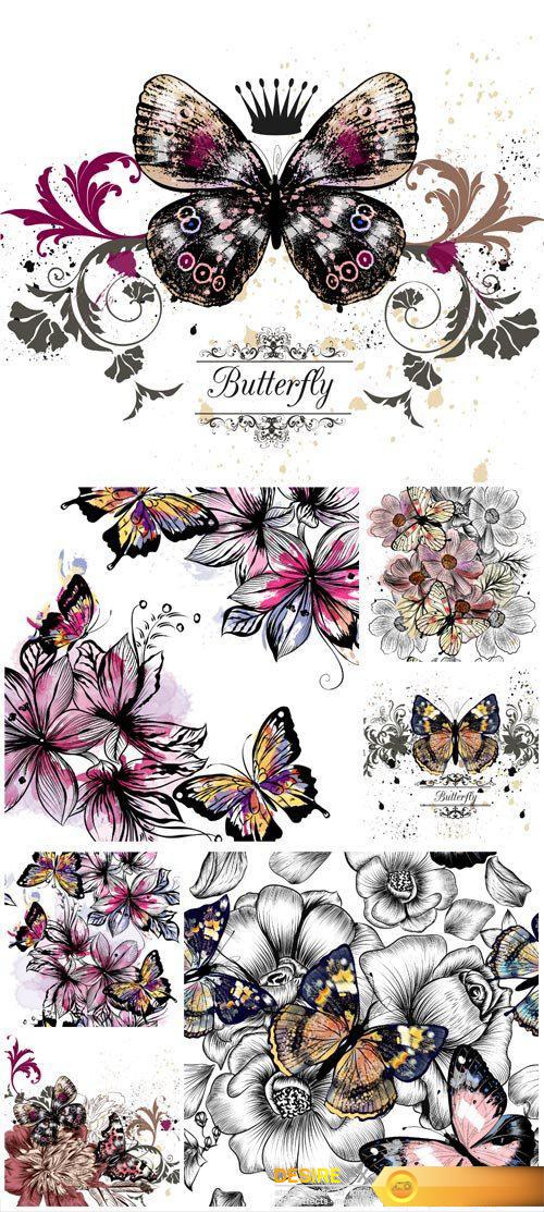 Vector beautiful butterflies and flowers