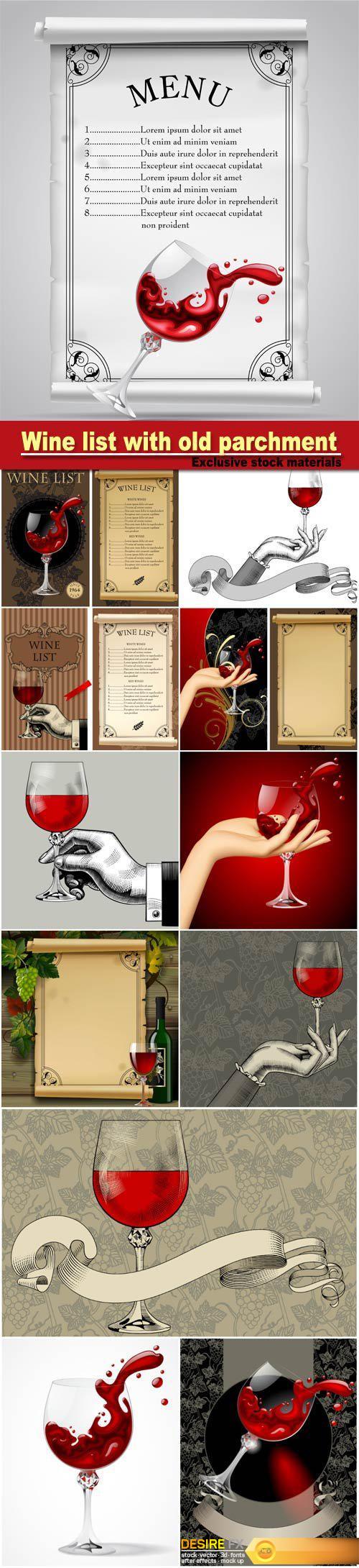 Wine list with old parchment, grapes, bottle and wineglass with splashed wine