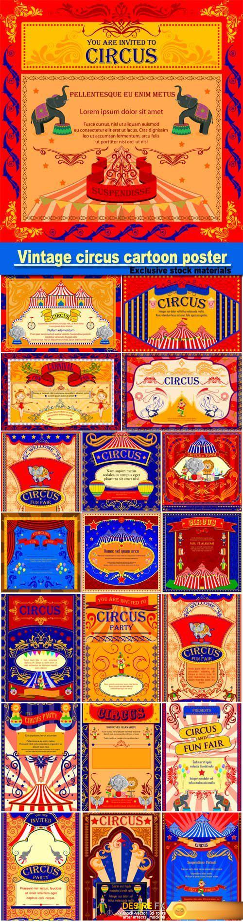 Vintage circus cartoon poster, invitation for party, carnival and advertisment