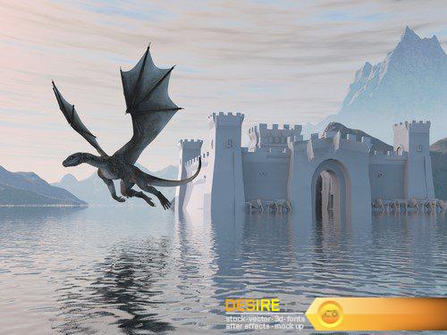 3D illustration Castle on the water and a dragon 7X JPEG