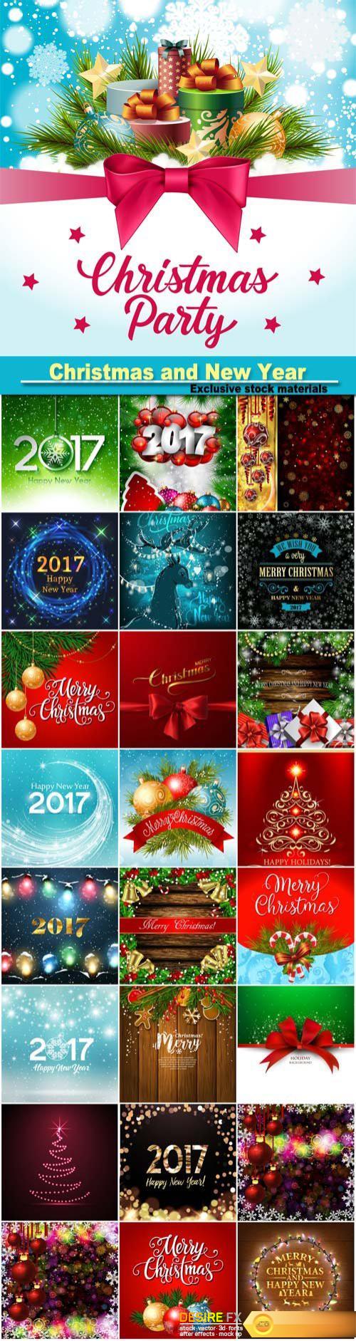 Christmas and New Year design background, christmas garland, gift boxes and snow