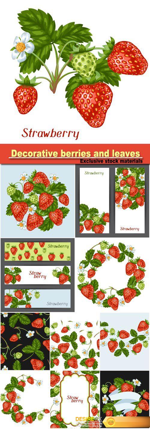 Frame with red strawberries, seamless pattern, decorative berries and leaves