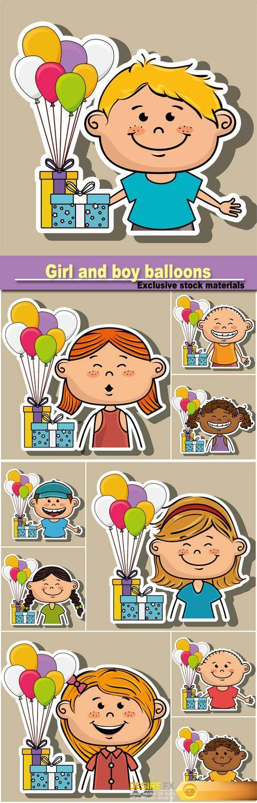 Girl and boy balloons gifts party vector illustration graphic