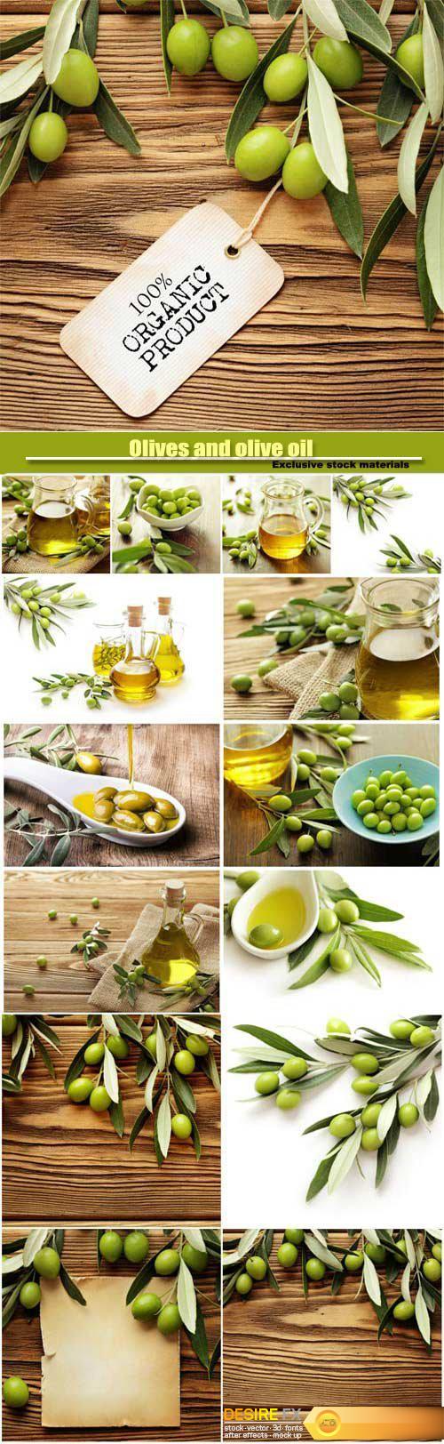 Olives and olive oil on a wooden background