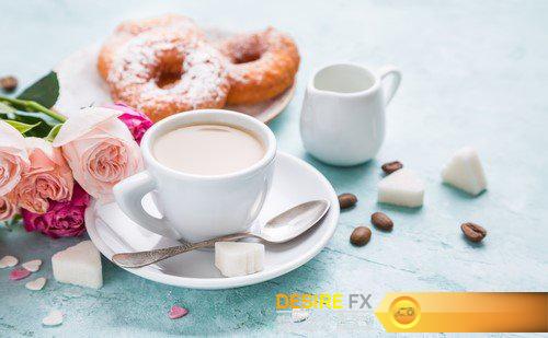 Two cups of coffee with cream and homemade donuts 5X JPEG