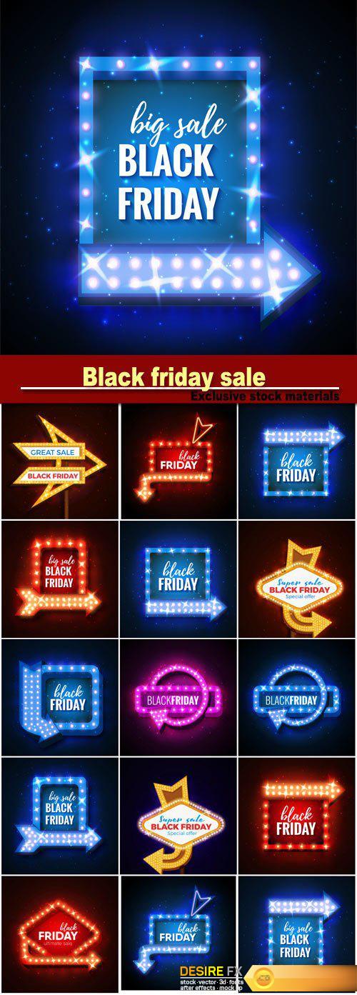 Black friday sale, neon signs vector