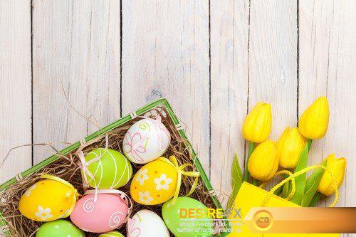 Easter eggs and tulips on wooden planks 15X JPEG