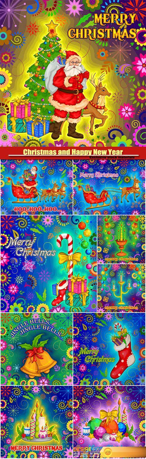 Merry Christmas and Happy New Year, vector design of Santa with gift, celebration background