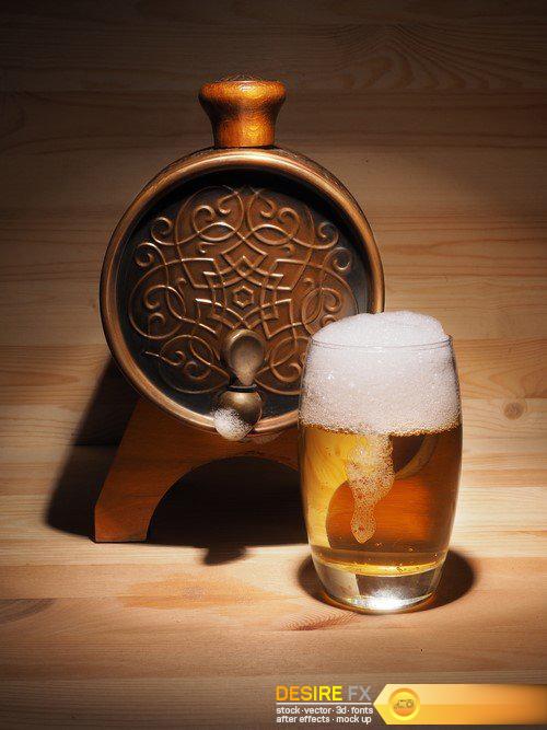Barrel and glass of beer, microphone on wooden background Concept karaoke 10X JPEG