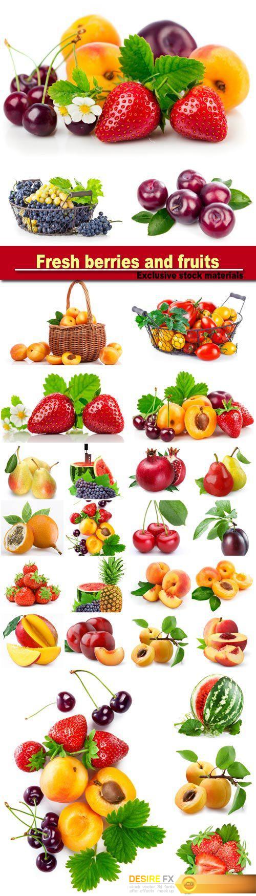 Fresh berries and fruits in still life with green leaves strawberry, apricot, cherry, plum isolated on white background