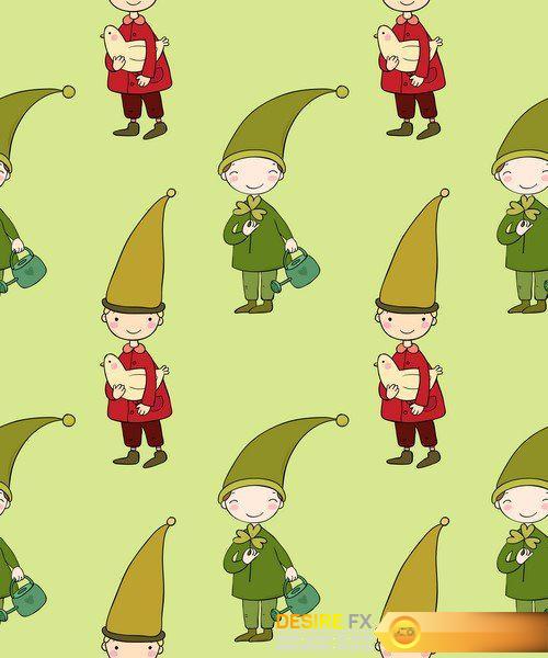 Seamless pattern with cute gnome and cat Vector illustration 12X EPS